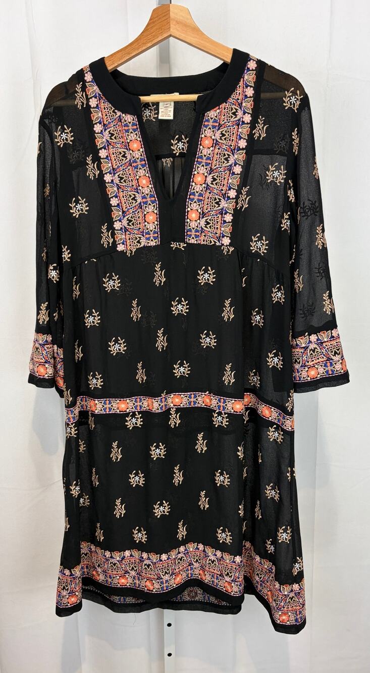 SUNDANCE To The Winds Embroidered Tunic Dress Semi Sheer Black Multicolor M